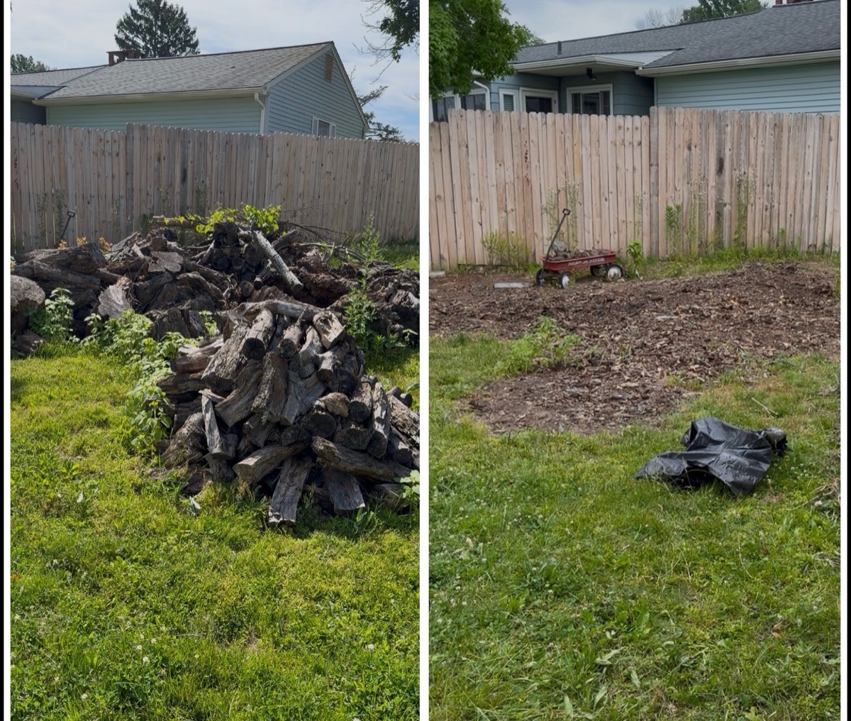 Before and after: a pile of logs and yard debris hauled away by DMAC Junk Removal