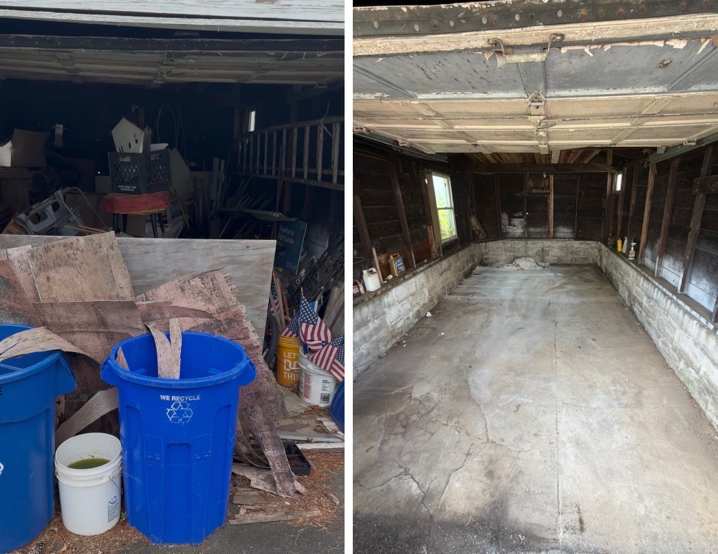 Before and after: a cluttered garage cleared out by DMAC Junk Removal