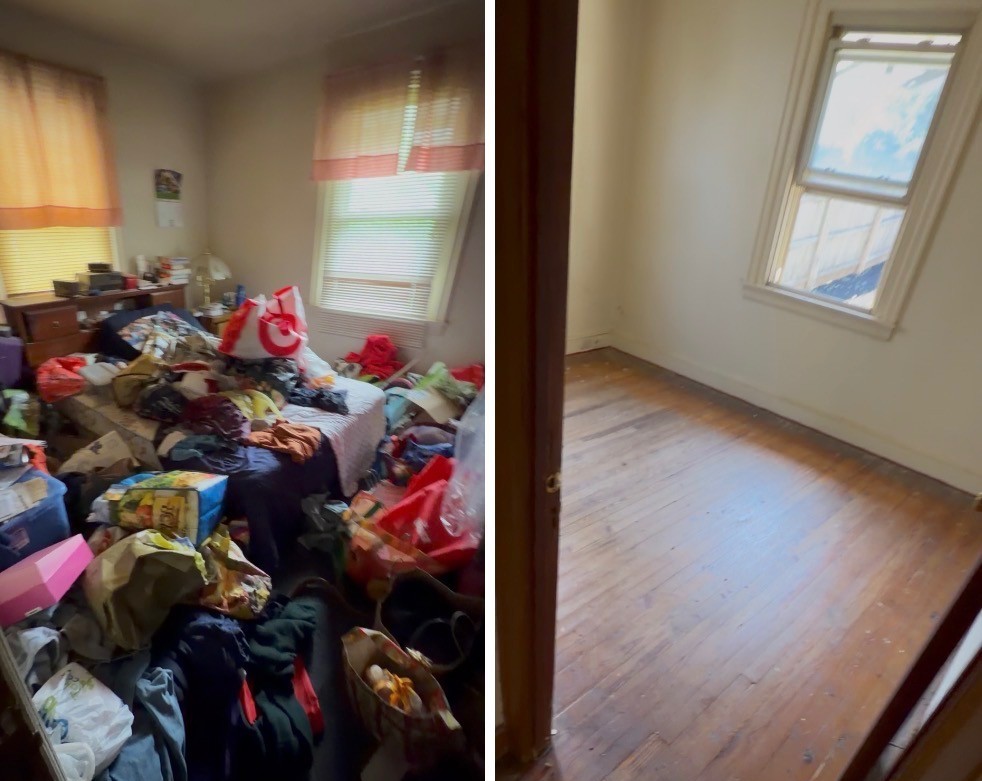 Before and after: a cluttered bedroom emptied and cleaned out by DMAC Junk Removal