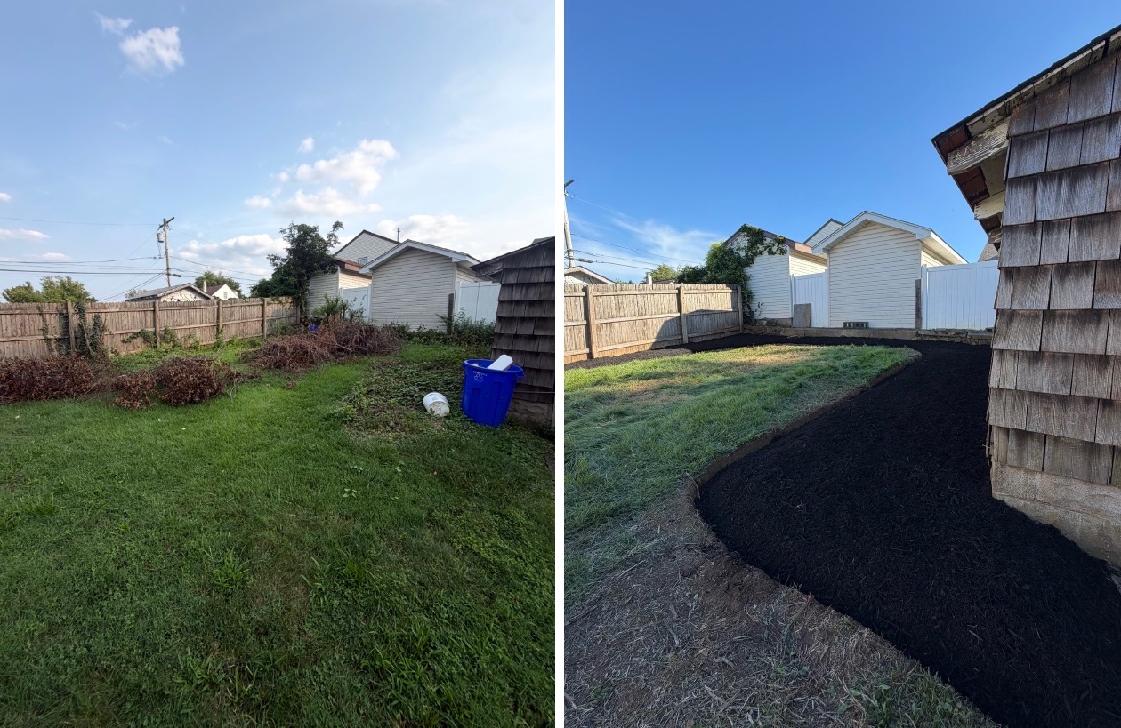 Before and after: a backyard bed cleared and topped with fresh mulch by DMAC
