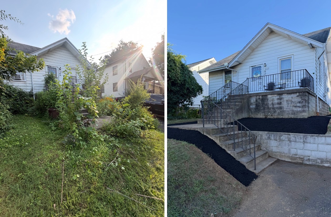 Before and after: an overgrown front yard cleared and mulched by DMAC